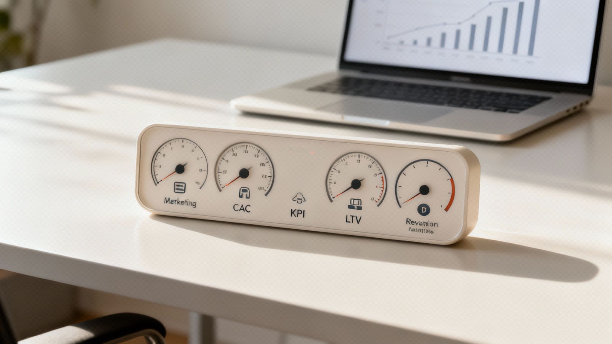 Una dashboard di marketing con grafici e KPI visualizzati su un tablet.
