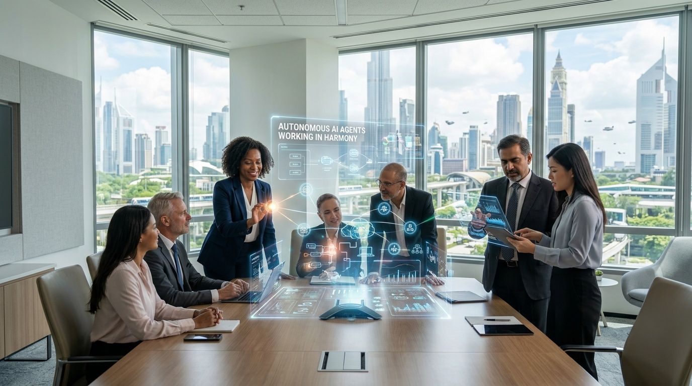 Un gruppo di professionisti aziendali collabora con un'interfaccia olografica di agenti IA autonomi in un ufficio moderno.
