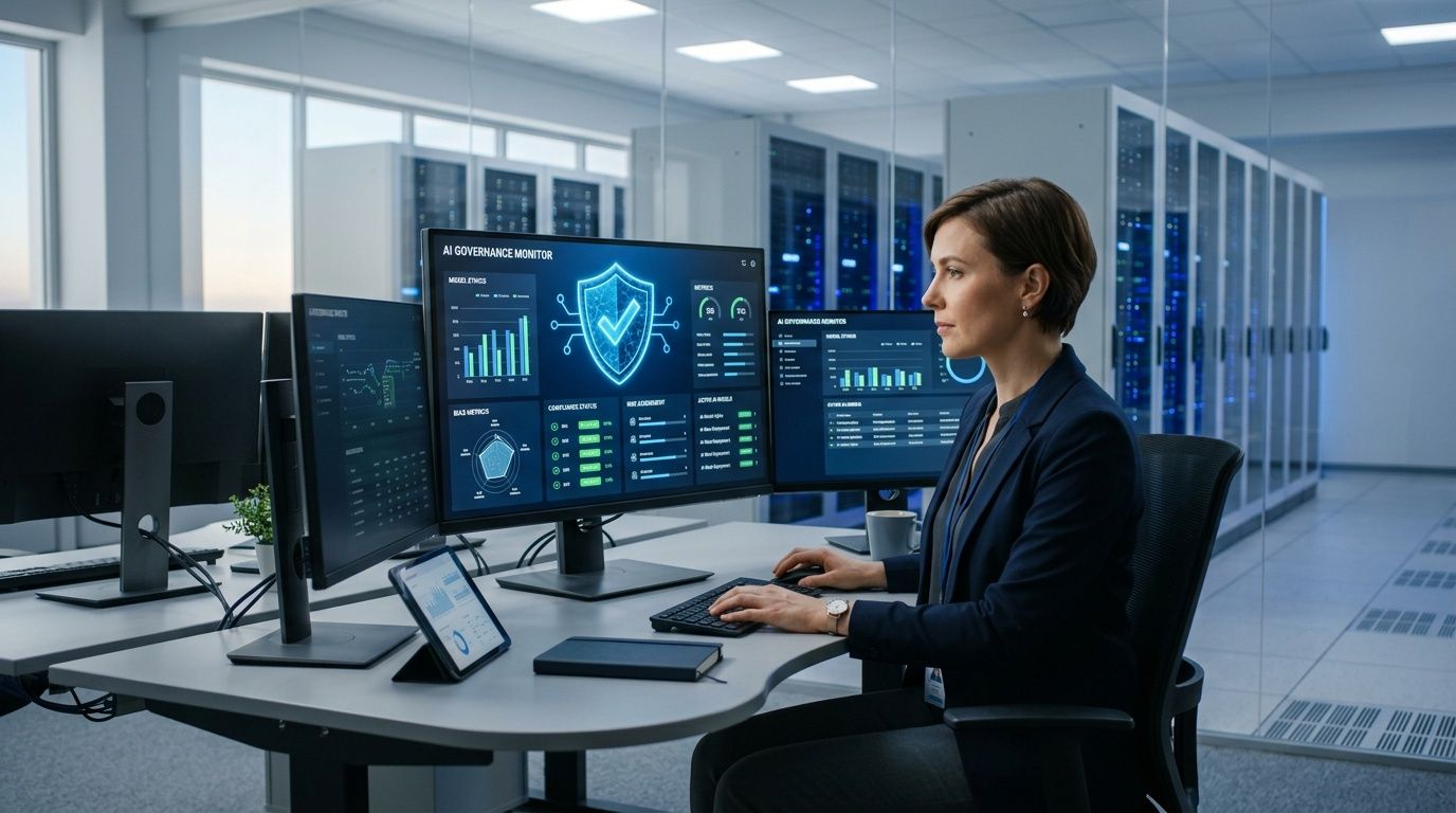 Una professionista che supervisiona la governance dell'intelligenza artificiale in un ufficio tecnico moderno con server e monitor.