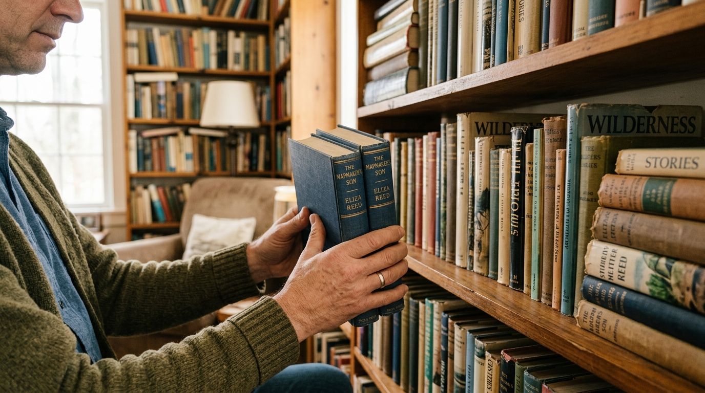 Un uomo anziano che sceglie un libro blu da uno scaffale di una libreria domestica ben fornita.