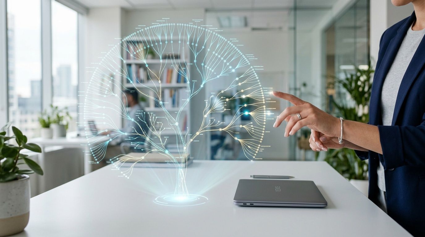 Una professionista interagisce con un'interfaccia olografica che visualizza un complesso diagramma ad albero in un ufficio moderno.
