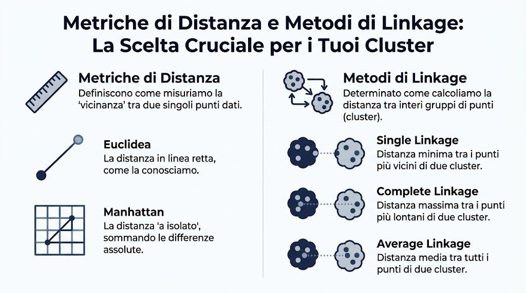 Infografica che spiega le metriche di distanza e i metodi di linkage per il clustering gerarchico.