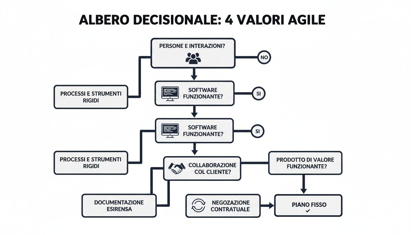 Albero decisionale Agile che illustra i quattro valori fondamentali e le loro interazioni per la gestione dei progetti.