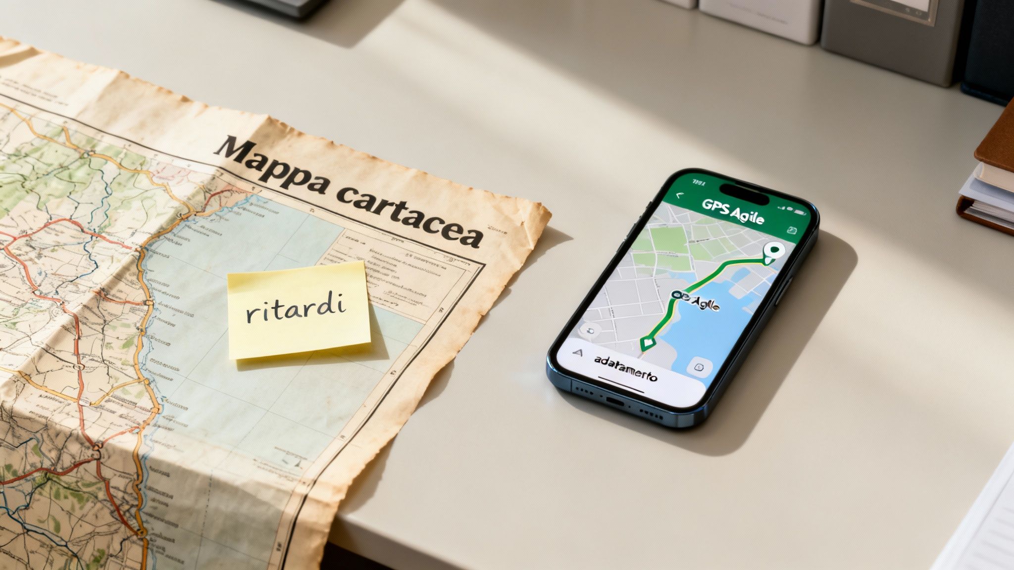 Mappa cartacea con nota adesiva 'ritardi' accanto a uno smartphone che mostra l'app GPS Agile con un percorso.