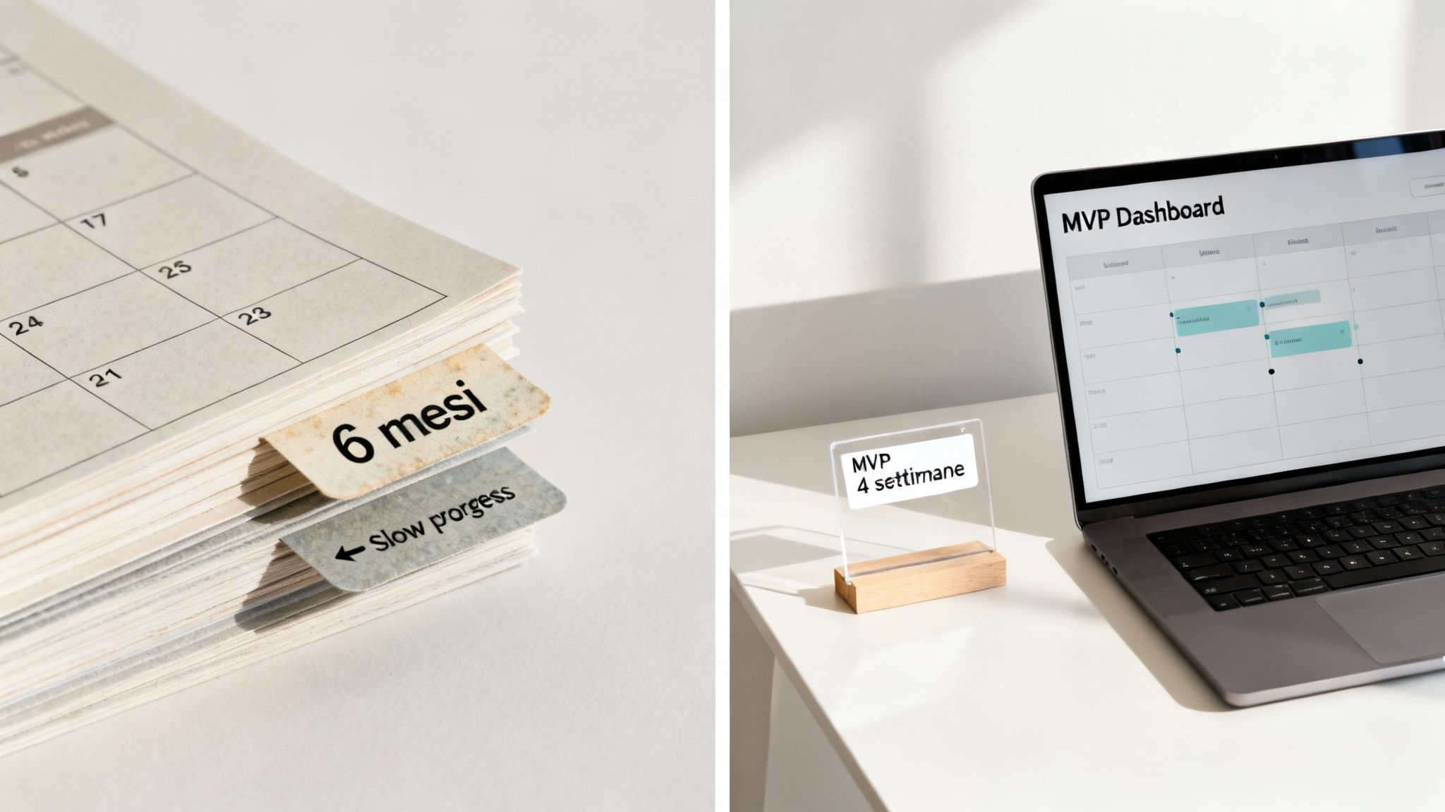 Planner con tab '6 mesi' e 'Slow progress', accanto a un laptop con 'MVP Dashboard' e cartello 'MVP 4 settimane'.