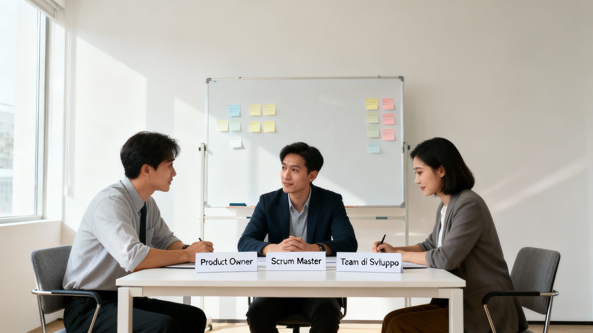 Tre professionisti seduti a un tavolo con etichette dei ruoli: Product Owner, Scrum Master e Team di Sviluppo, durante una riunione Agile.