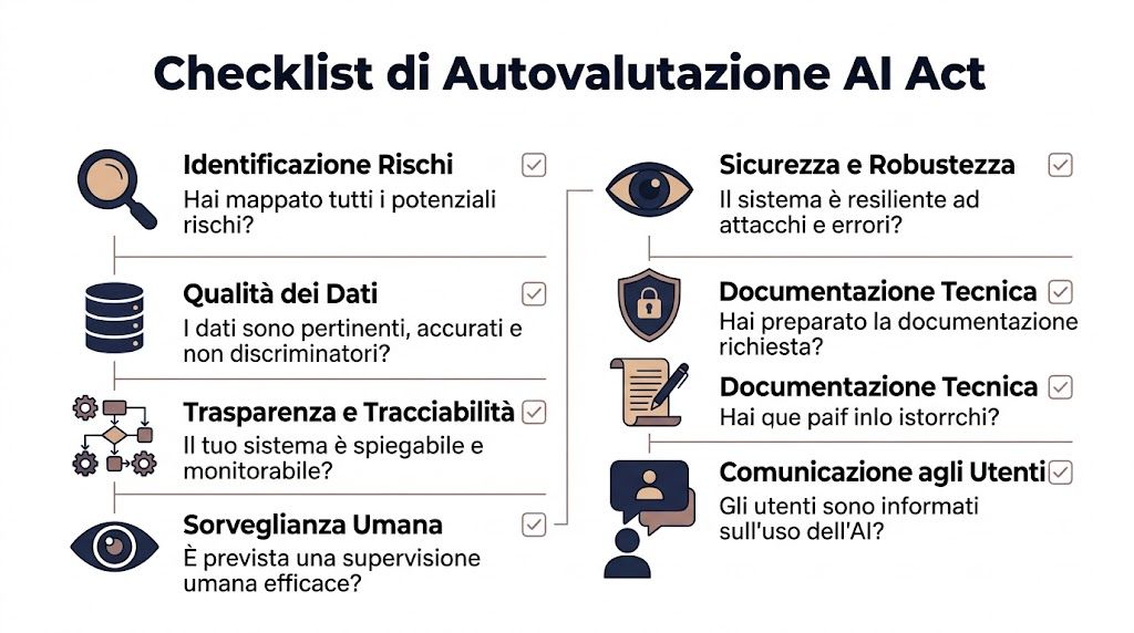 Una checklist di autovalutazione per l'AI Act che elenca i requisiti principali per i sistemi di intelligenza artificiale.