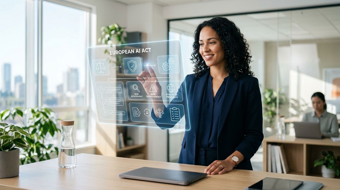 Una professionista in ufficio interagisce con un'interfaccia olografica che mostra i concetti chiave dell'European AI Act.