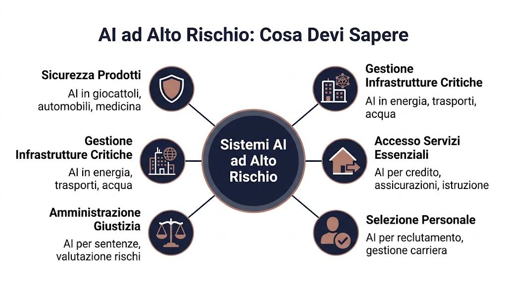 Un infografica che illustra le categorie di sistemi di intelligenza artificiale classificati come ad alto rischio.
