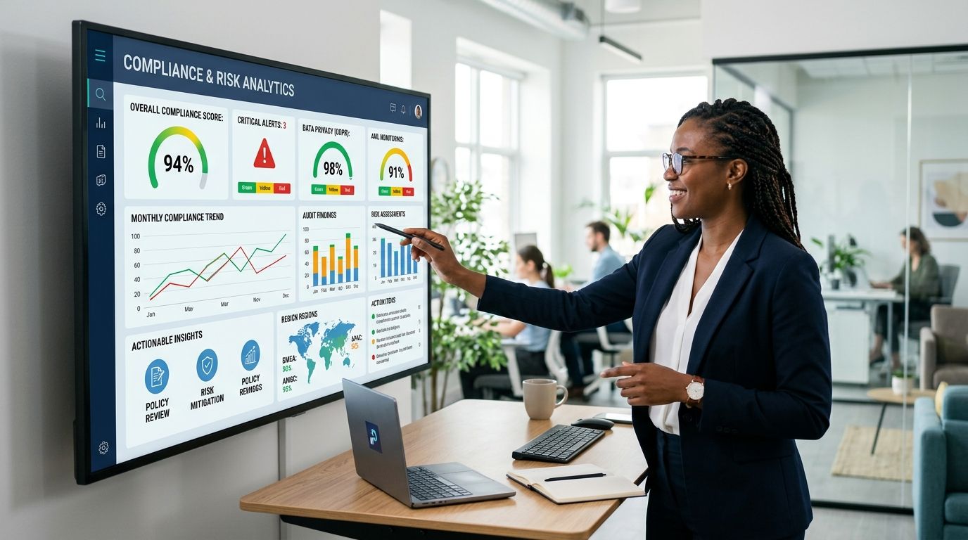 Una professionista in ufficio analizza dati complessi di conformità aziendale su uno schermo digitale a parete.