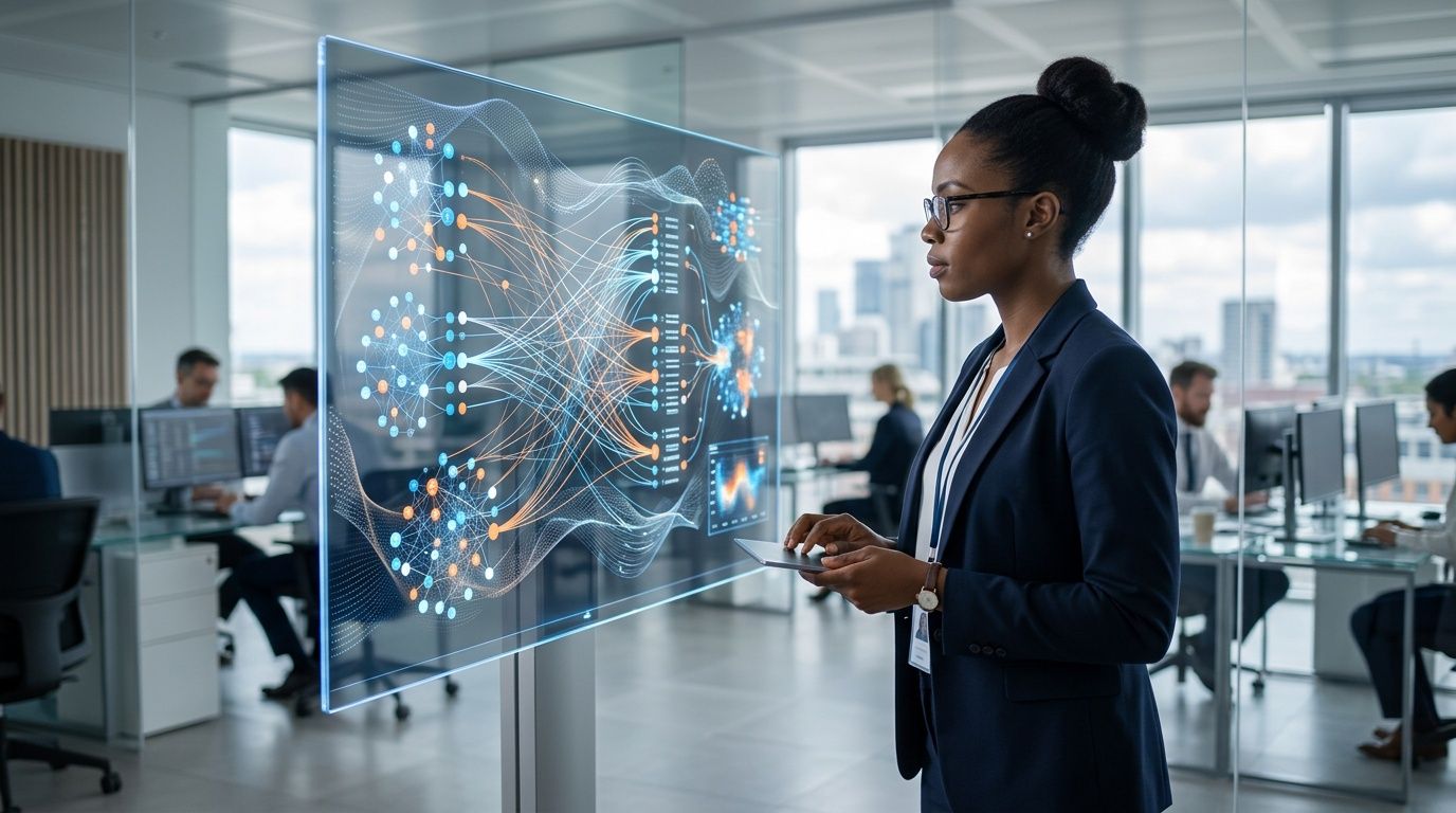 Una professionista analizza una complessa visualizzazione di dati su uno schermo trasparente in un moderno ufficio tecnologico.