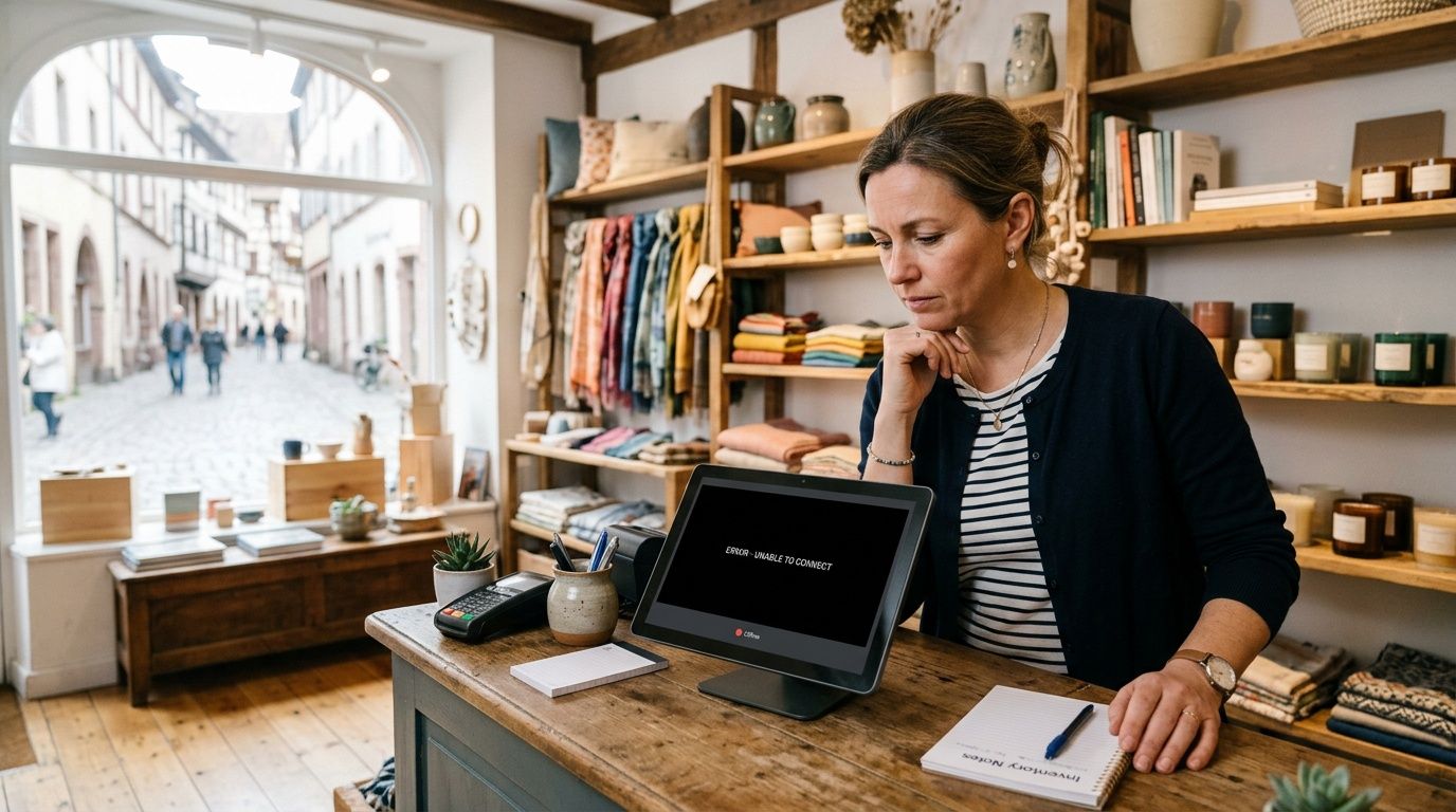 Una commerciante in un negozio europeo guarda con preoccupazione lo schermo di un sistema di pagamento guasto.
