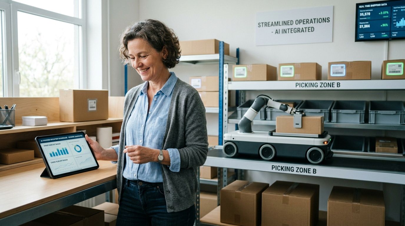 Una manager sorridente osserva i dati di ottimizzazione su un tablet in un magazzino moderno automatizzato con robot.