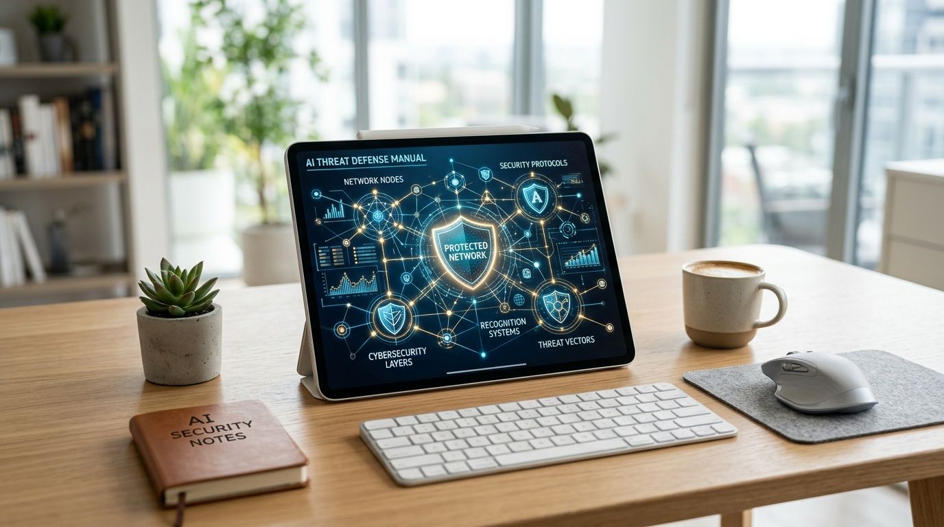 Un tablet mostra uno schema digitale di sicurezza informatica IA su una scrivania in un ufficio moderno.