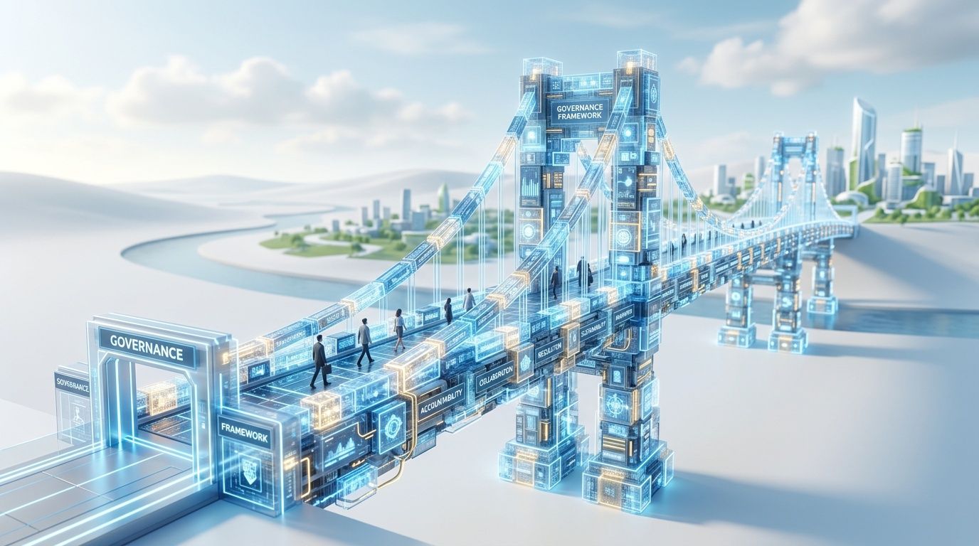 Ponte futuristico digitale che rappresenta una solida struttura di governance aziendale per la sicurezza dell'intelligenza artificiale.