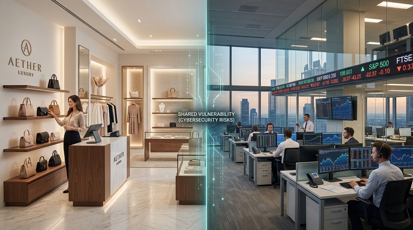 Immagine concettuale che mostra il legame tra un negozio di lusso e un ufficio finanziario digitale moderno.