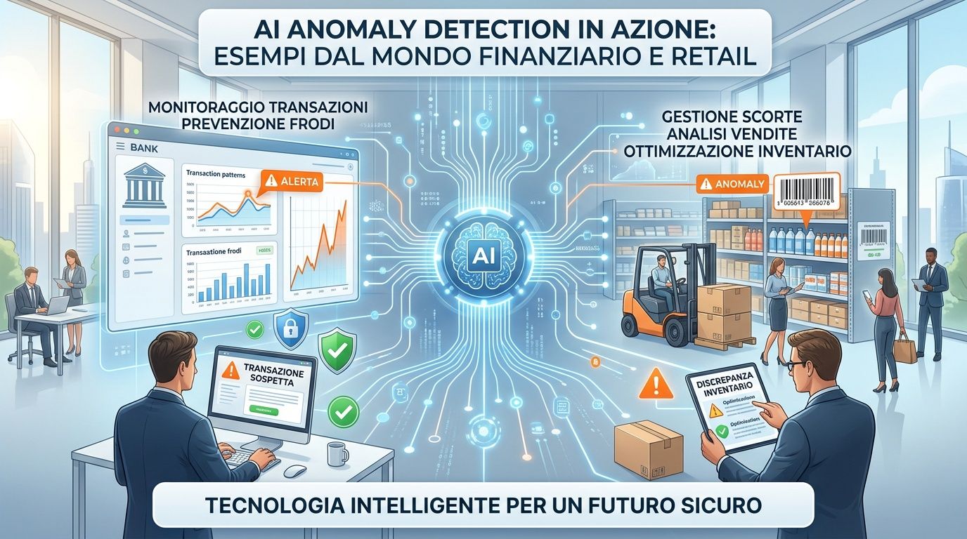 Rappresentazione visiva di sistemi di intelligenza artificiale applicati al monitoraggio delle frodi bancarie e alla gestione dell'inventario retail.