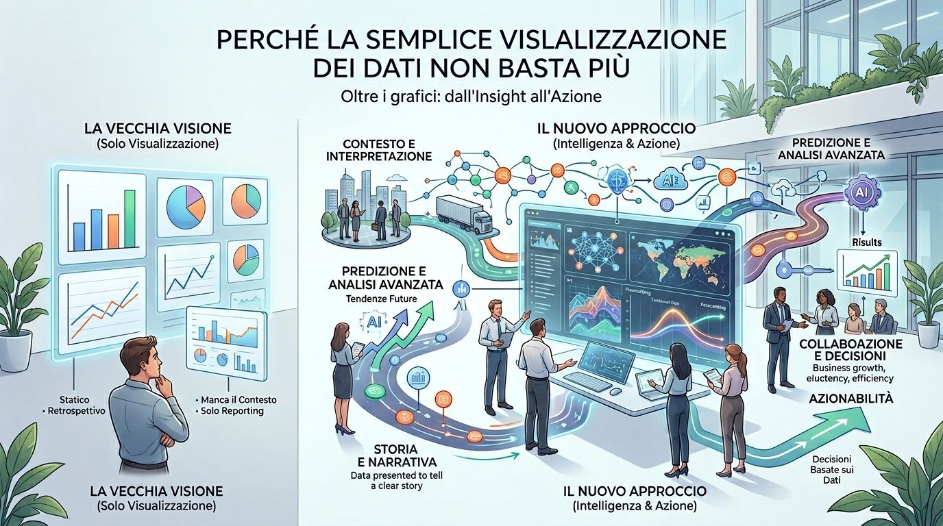 Un'infografica che confronta la visualizzazione dati statica tradizionale con un approccio moderno basato su intelligenza artificiale e collaborazione.