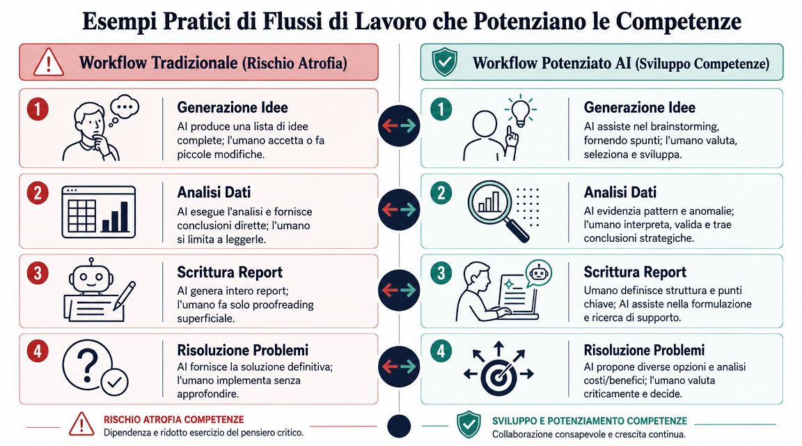 Confronto tra un flusso di lavoro tradizionale che causa atrofia delle competenze e un flusso potenziato dall'intelligenza artificiale.