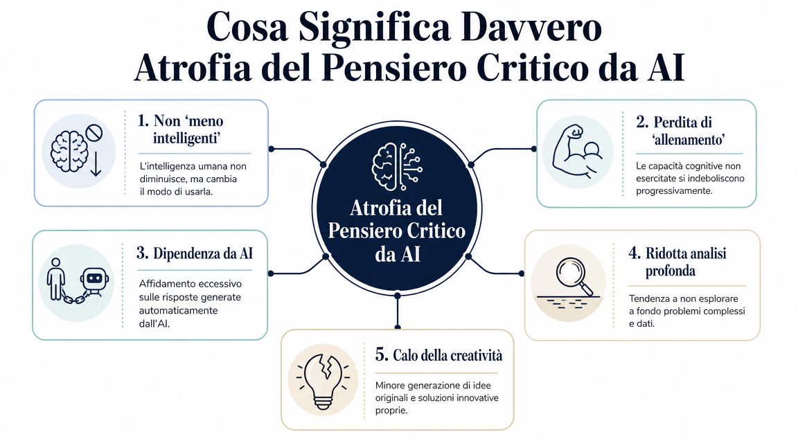 Diagramma che illustra i cinque aspetti principali dell'atrofia del pensiero critico causata dall'intelligenza artificiale moderna.