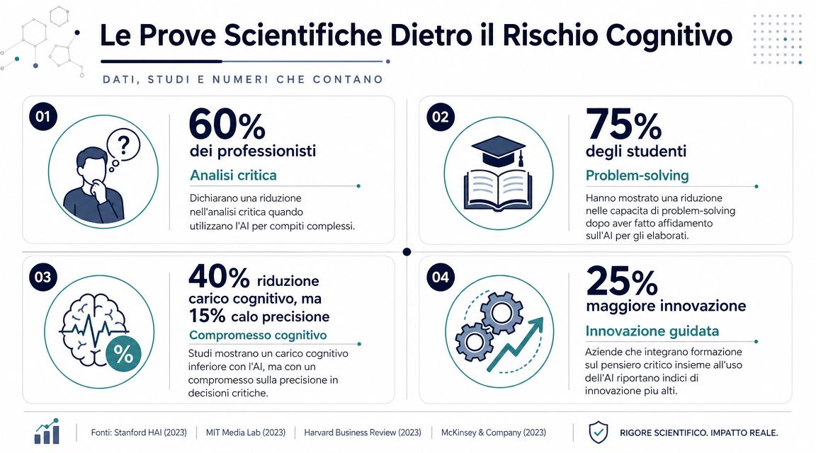 Infografica sui rischi cognitivi derivanti dall'utilizzo dell'intelligenza artificiale con dati, statistiche e icone rappresentative.
