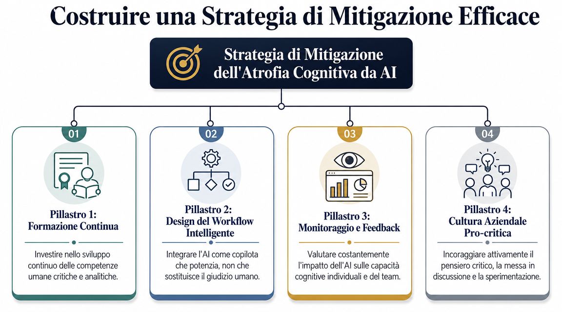 Schema grafico che illustra una strategia di mitigazione per contrastare l'atrofia cognitiva causata dall'intelligenza artificiale in azienda.