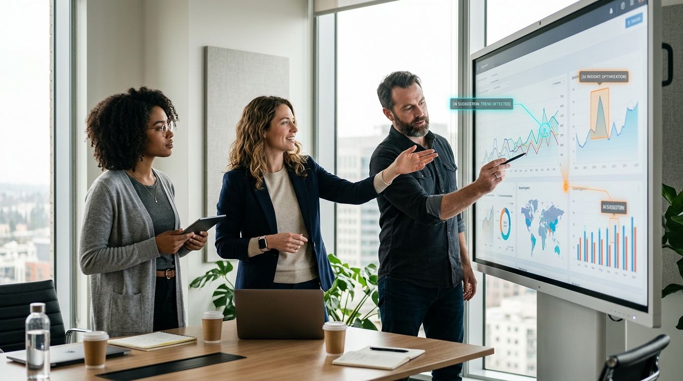 Team di professionisti che analizzano dati aziendali complessi utilizzando un display interattivo con intelligenza artificiale avanzata.