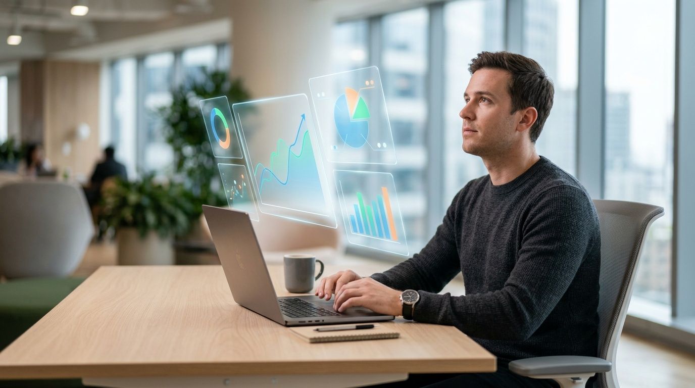 Un professionista lavora a un laptop con grafici e visualizzazioni di dati olografici fluttuanti davanti a lui.