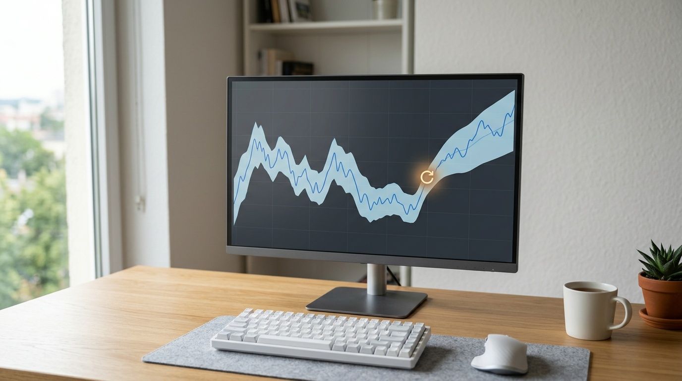 Monitor su una scrivania che mostra una visualizzazione dei dati con grafici e tendenze predittive future.