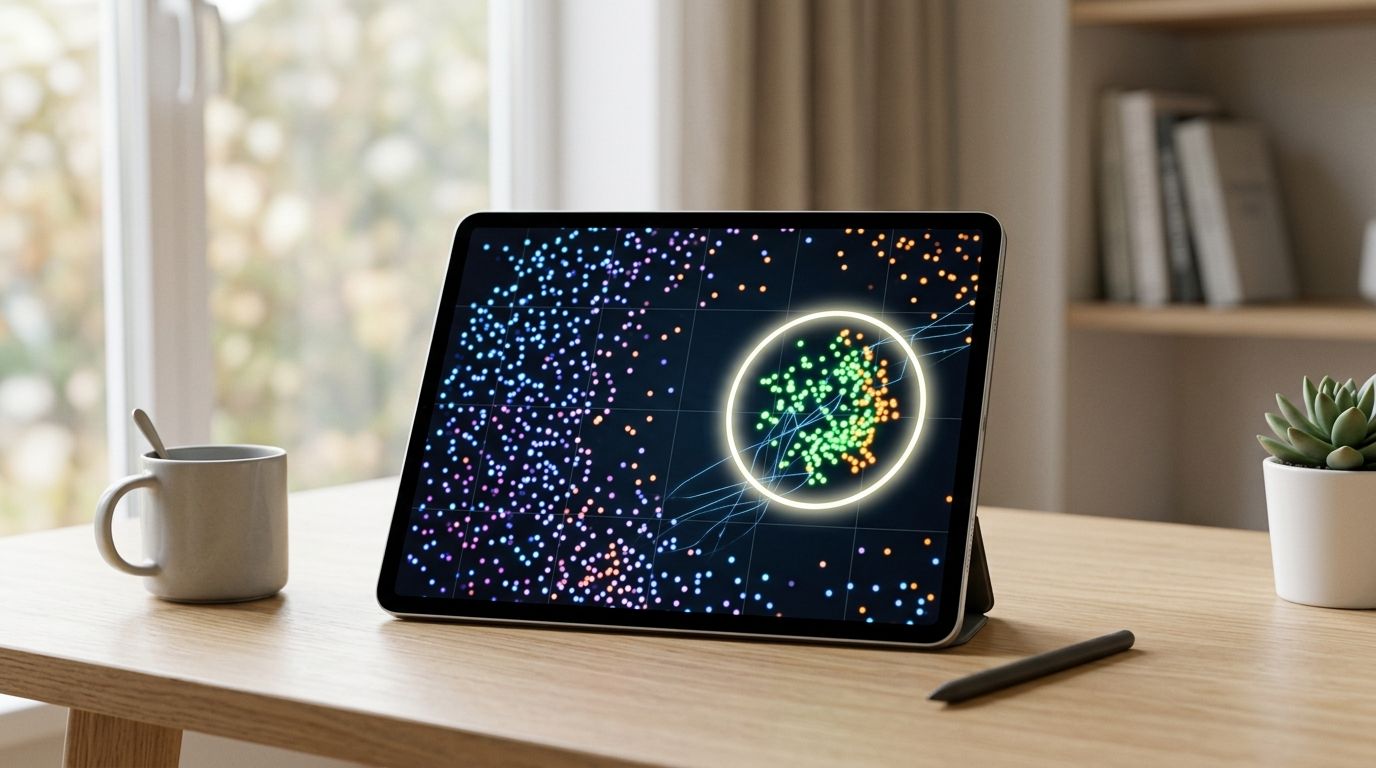 Un tablet su una scrivania mostra una complessa visualizzazione di dati basata sull'intelligenza artificiale.