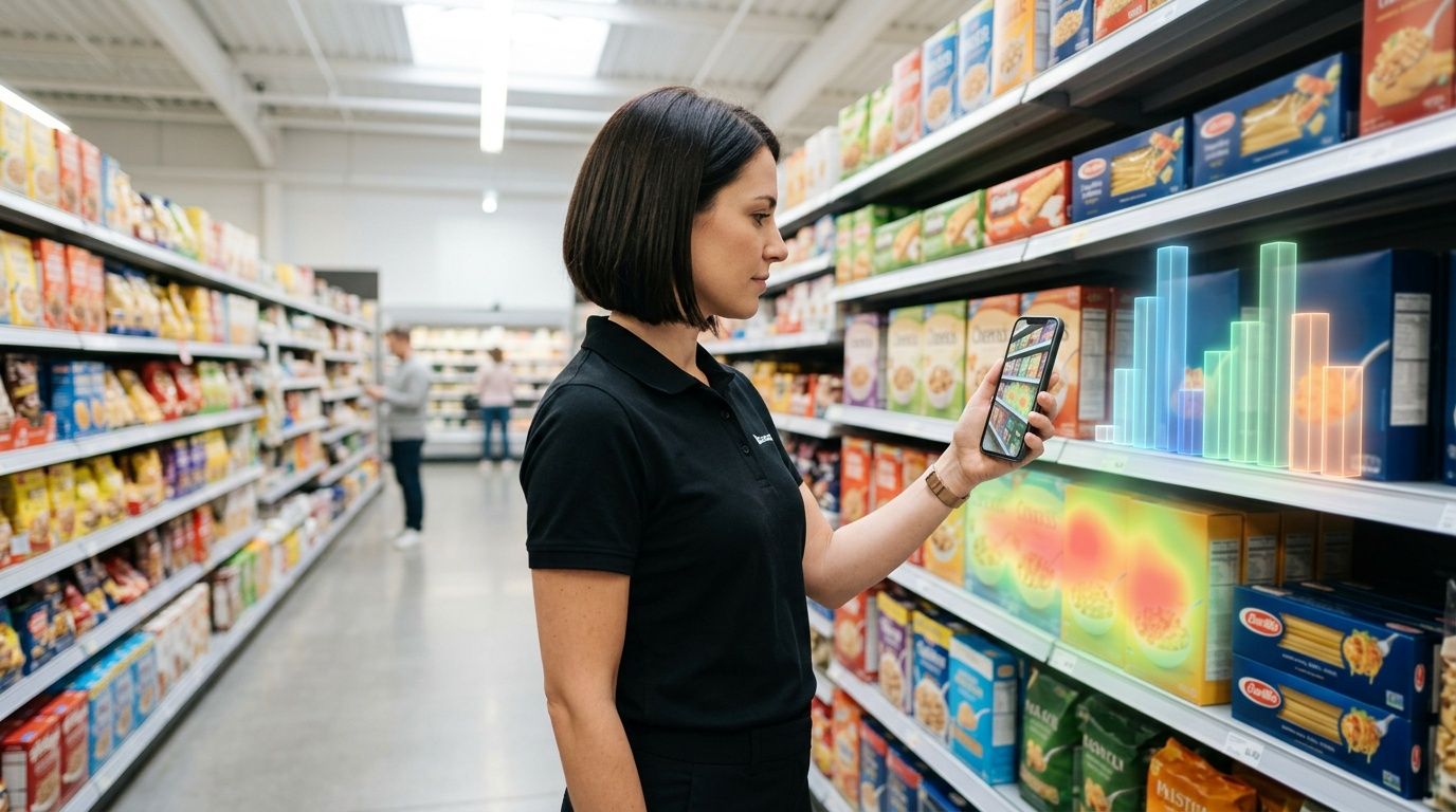 Una dipendente in un supermercato utilizza uno smartphone per visualizzare dati digitali e analisi di marketing in tempo reale.
