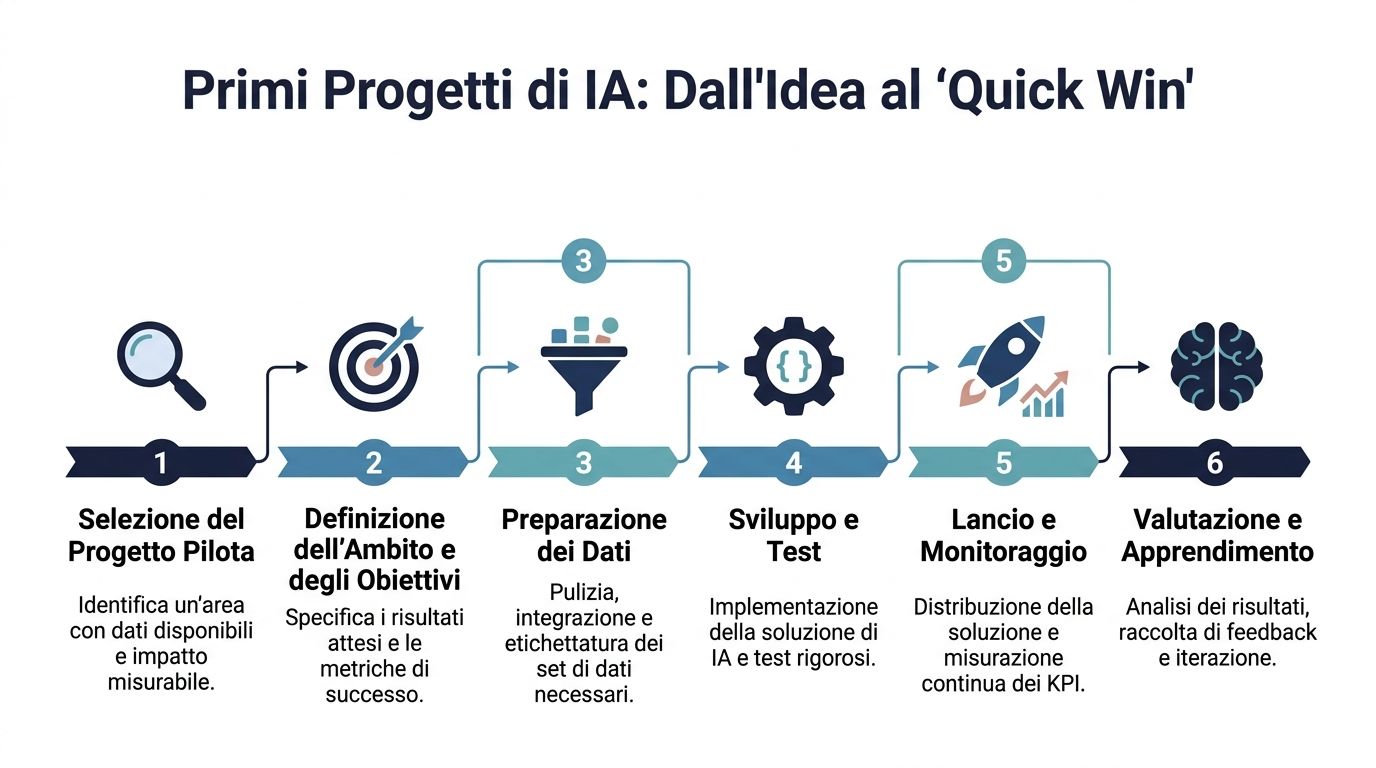 Diagramma che illustra il processo in sei fasi per implementare progetti di intelligenza artificiale con successo.