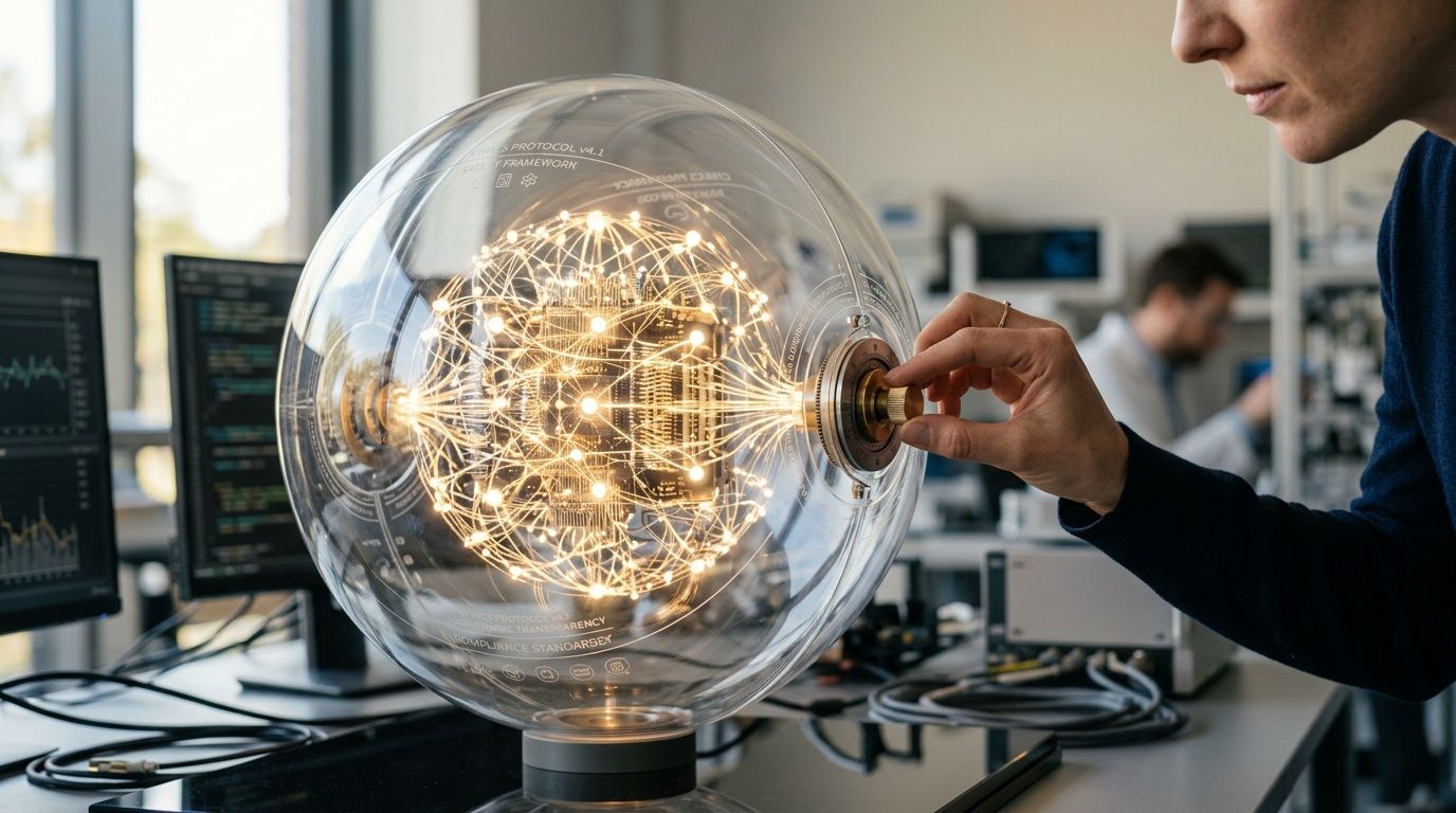 Una ricercatrice interagisce con un modello sferico illuminato che rappresenta una rete complessa di intelligenza artificiale avanzata.