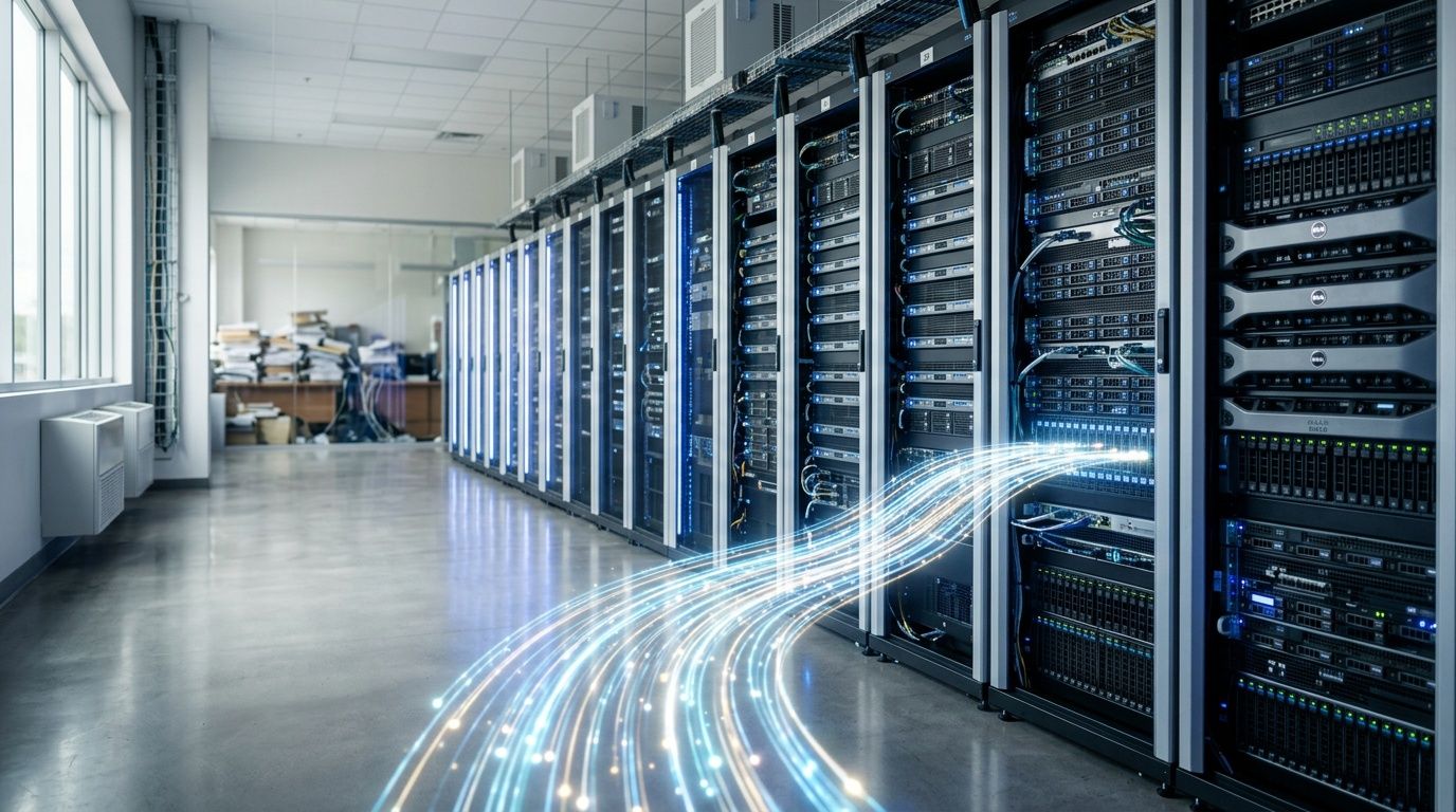 Server all'interno di un moderno data center aziendale con flussi di dati digitali stilizzati in primo piano.