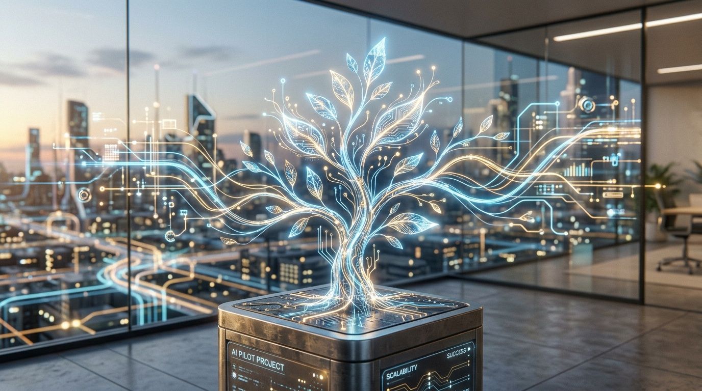 Un albero digitale luminoso che cresce da una piattaforma tecnologica in un ufficio moderno con vista città.