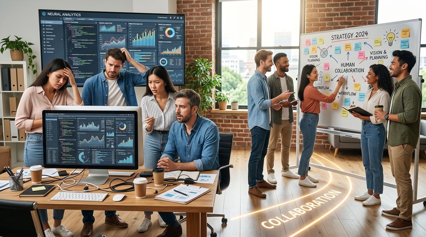 Un team di professionisti analizza dati finanziari e collabora su una strategia aziendale in un ufficio moderno.