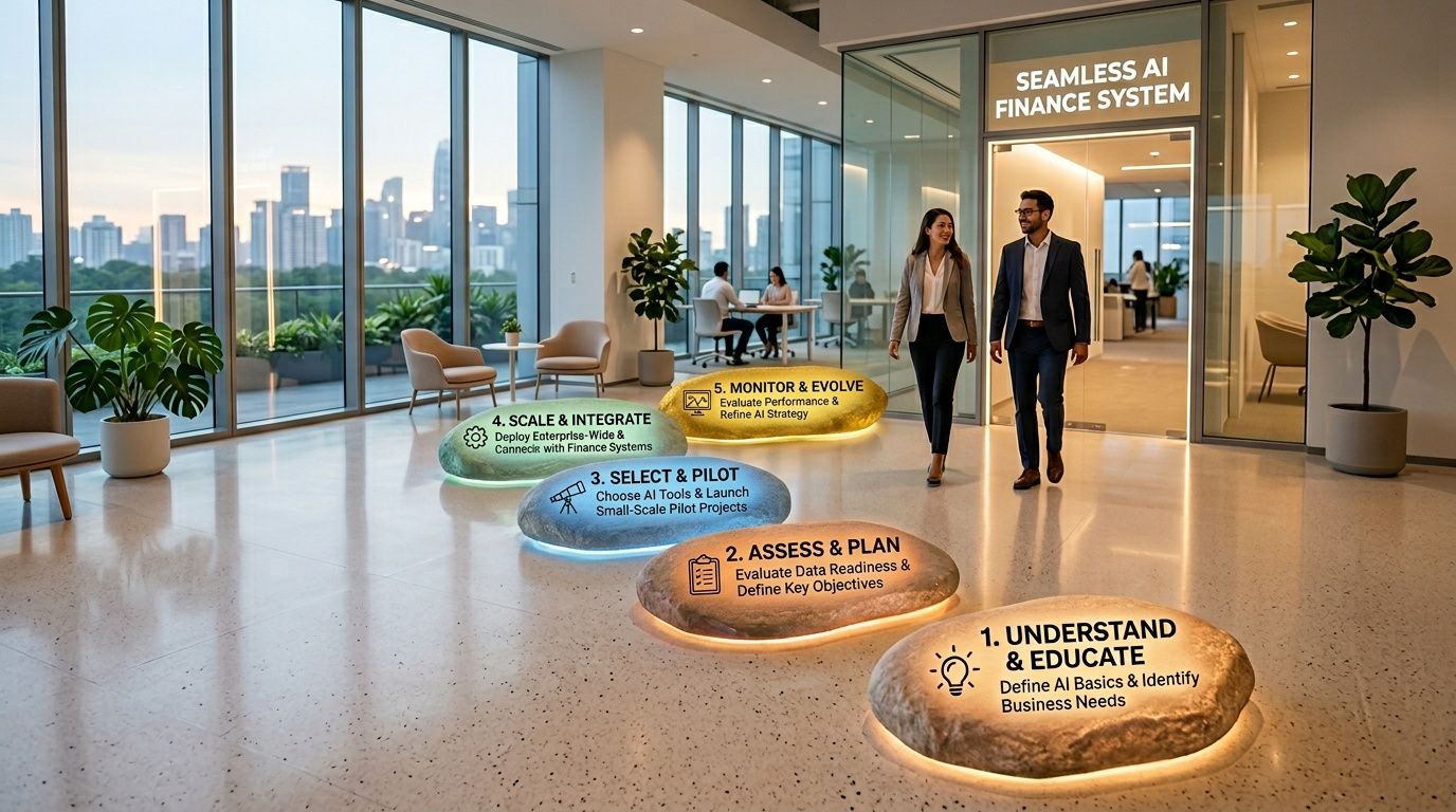 Professionisti camminano in un ufficio moderno con pietre illuminate che descrivono i passaggi dell'implementazione dell'IA finanziaria.