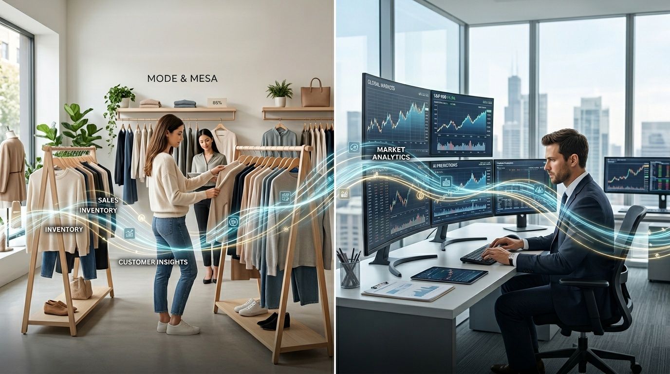 Una rappresentazione visiva che collega il commercio al dettaglio basato sull'intelligenza artificiale con l'analisi di mercato professionale.