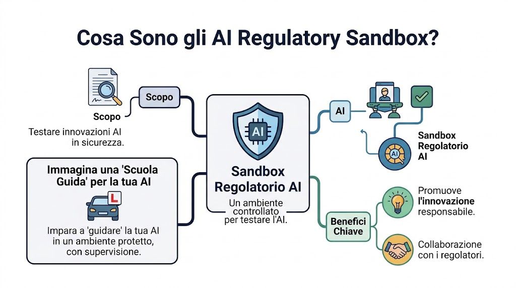 Schema esplicativo che descrive il funzionamento e gli obiettivi di un ambiente Sandbox Regolatorio per l'Intelligenza Artificiale.