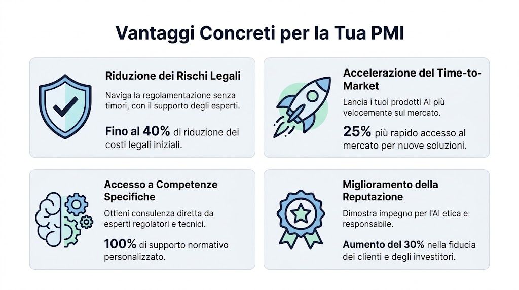 Infografica che elenca i vantaggi concreti per le PMI nell'adozione di soluzioni di intelligenza artificiale etica.