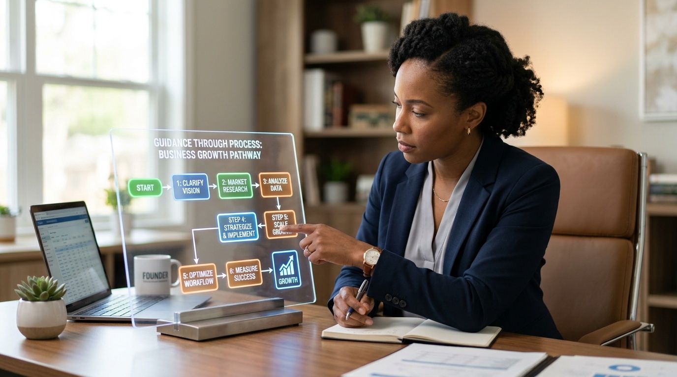 Una donna d'affari esamina un diagramma olografico trasparente che mostra il percorso di crescita aziendale in un ufficio.