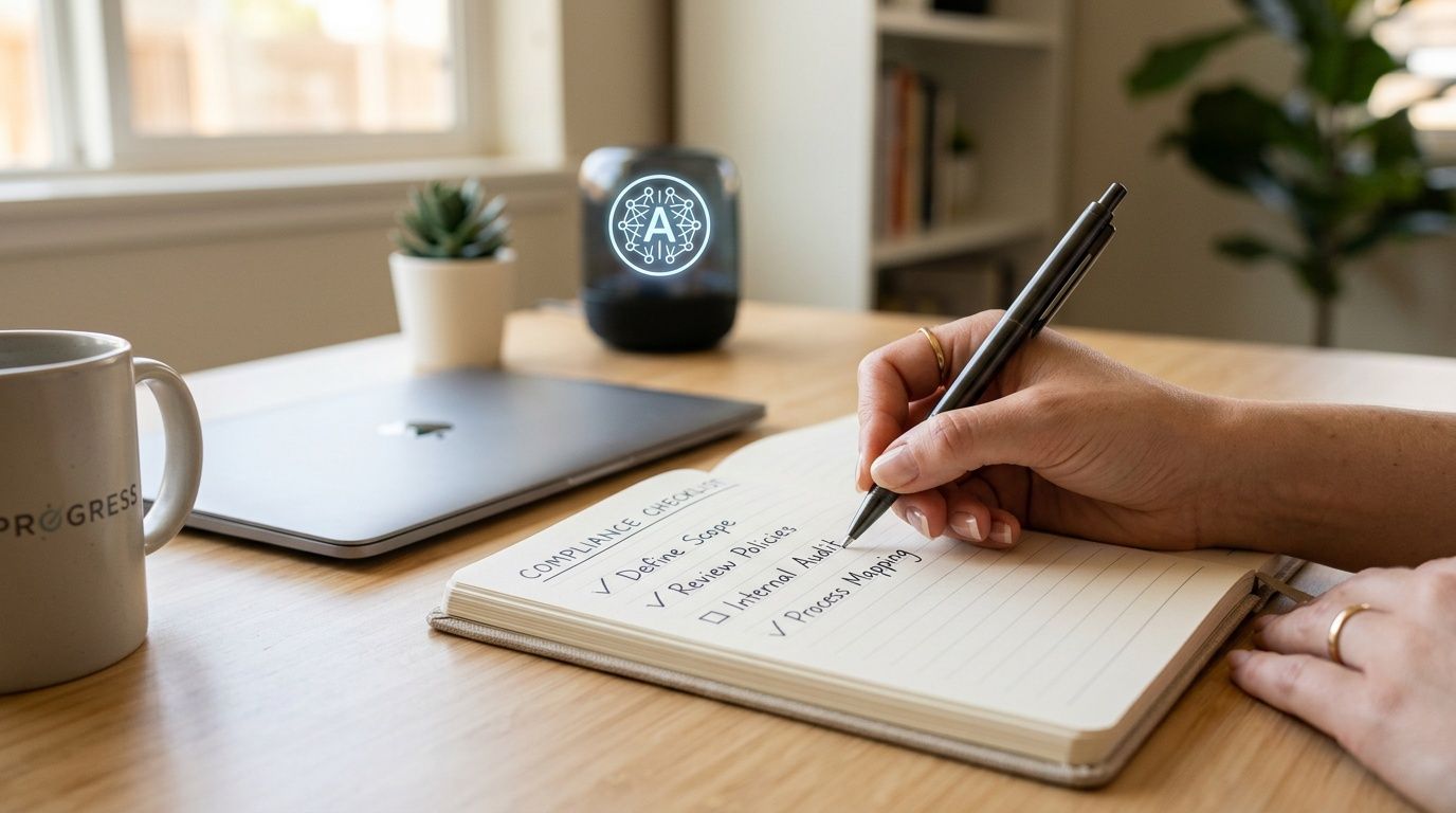 Una persona che scrive su un taccuino con una lista di controllo sulla conformità accanto a un laptop.