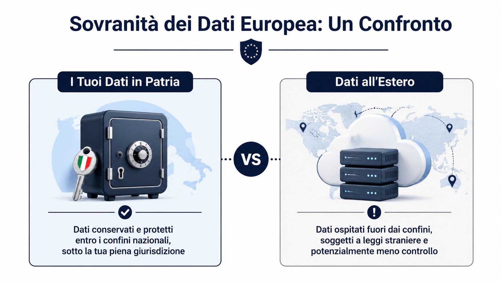 Un confronto grafico tra la conservazione dei dati in Italia e l'hosting internazionale fuori dai confini nazionali.