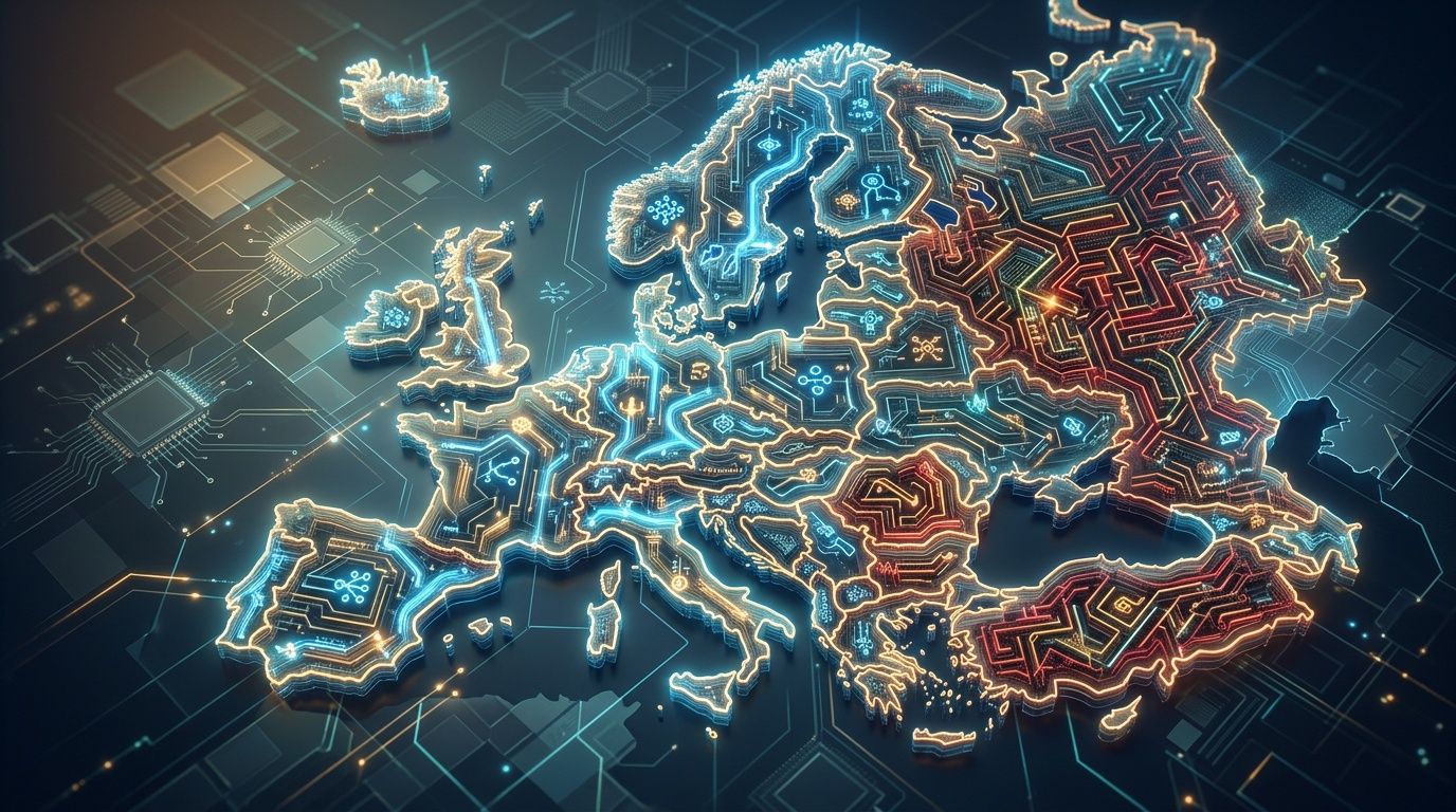 Mappa digitale dell'Europa che rappresenta la sovranità dei dati tramite connessioni elettroniche e circuiti integrati stilizzati.