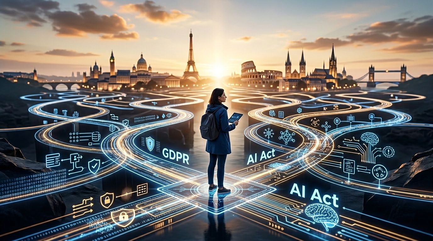 Una donna con un tablet in piedi davanti a strade luminose che rappresentano GDPR e AI Act europeo.