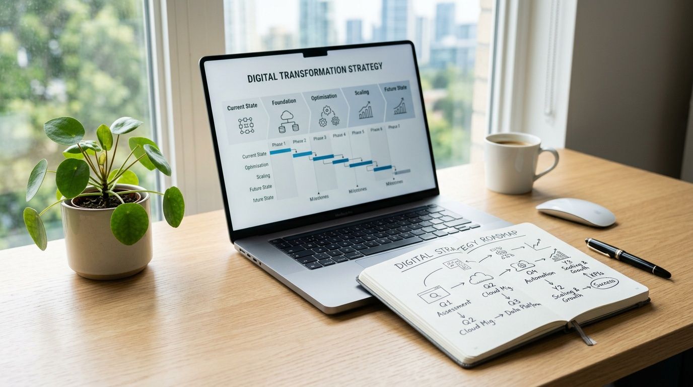 Un computer portatile con una strategia di trasformazione digitale e un quaderno con appunti sulla scrivania.