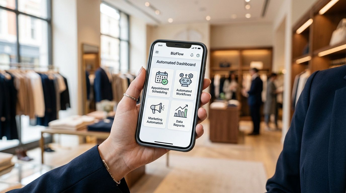 Una mano tiene uno smartphone con un'app di automazione aziendale all'interno di un elegante negozio di abbigliamento.