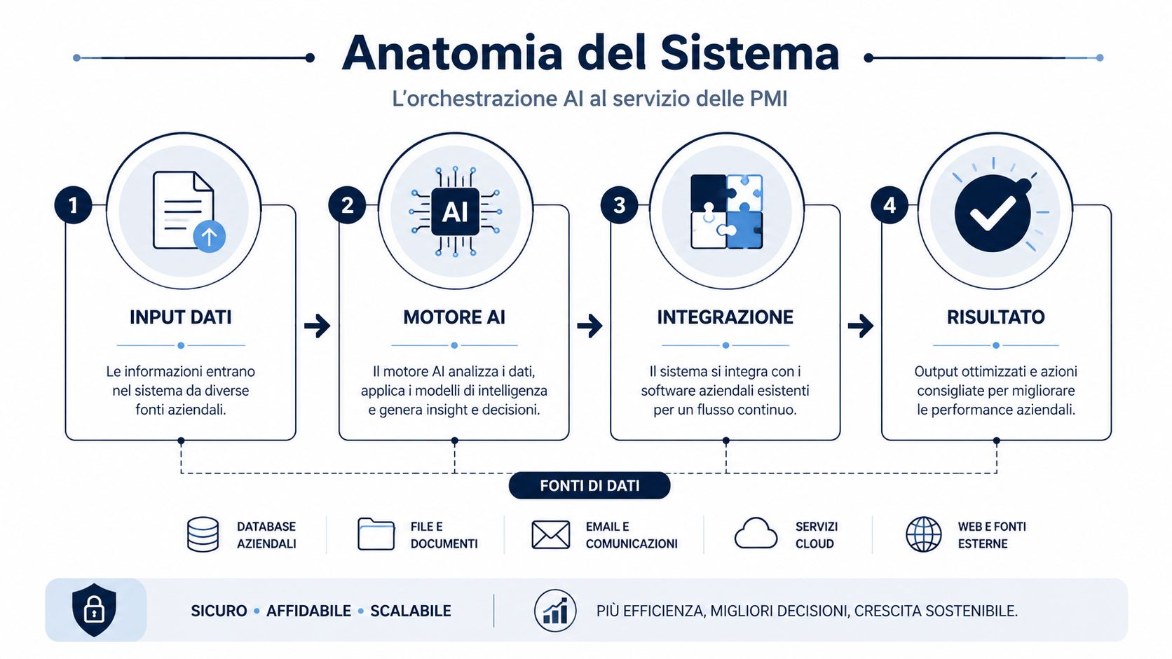 Diagramma dell'anatomia del sistema che illustra l'orchestrazione dell'intelligenza artificiale per l'efficienza delle piccole e medie imprese.