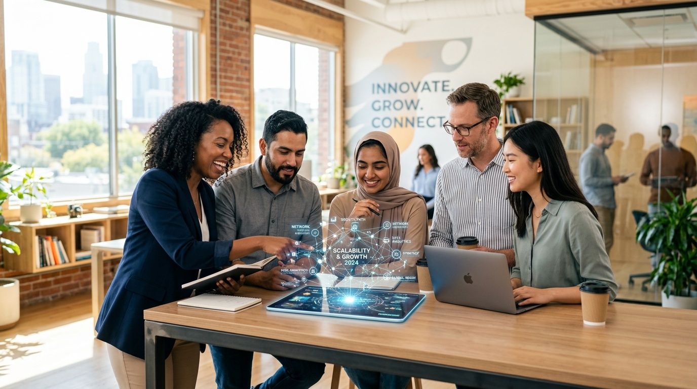 Un team di professionisti collabora attorno a un tavolo con un ologramma digitale innovativo in ufficio.
