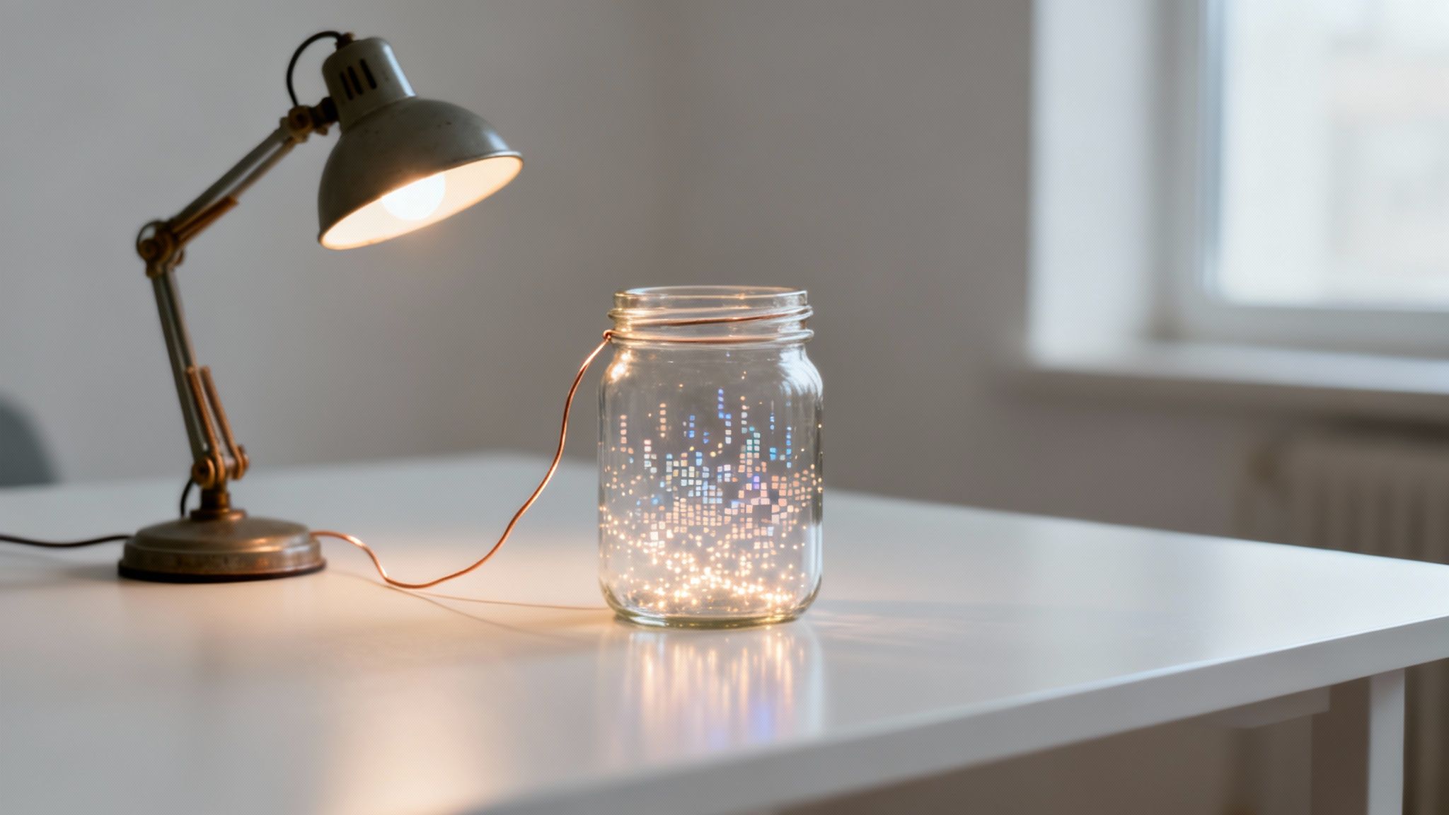 Lampada da scrivania vintage e barattolo di vetro con luci scintillanti, collegati da un filo di rame su un tavolo bianco.